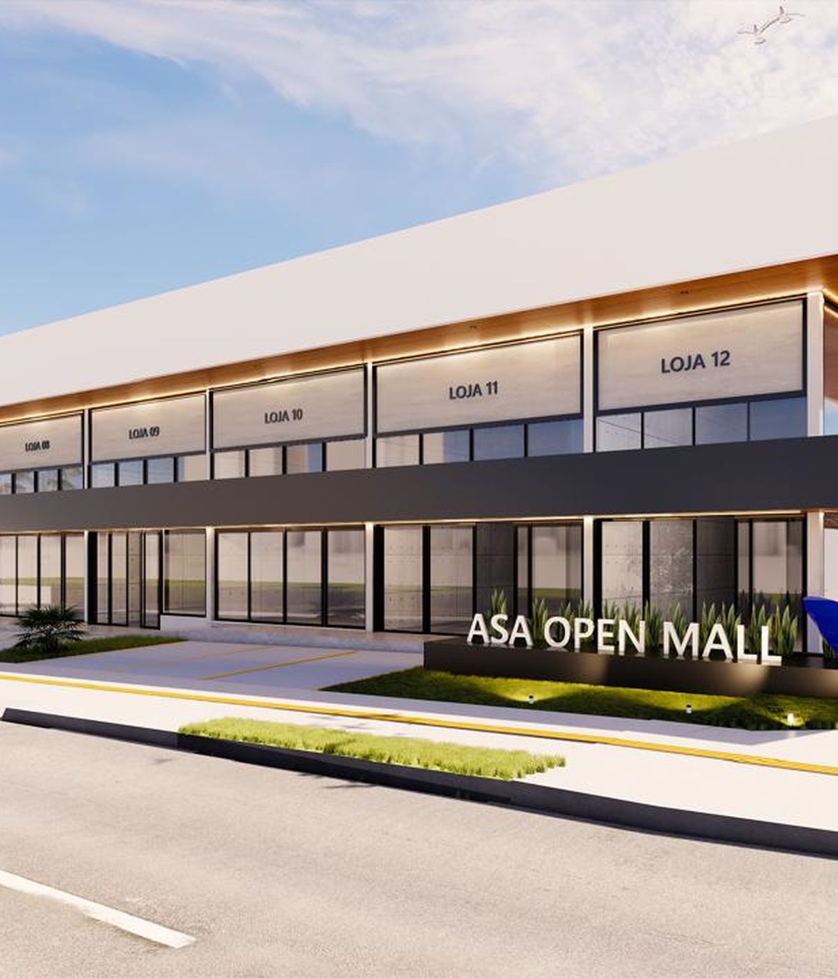 Render do ASA Open Mall visto da esquina, com as lojas do pavimento superior e o totem da marca