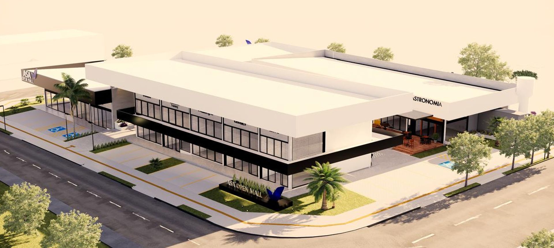 Render aéreo do ASA Open Mall: bloco de dois pavimentos com lojas envidraçadas, área de gastronomia e o totem ASA Open Mall na esquina