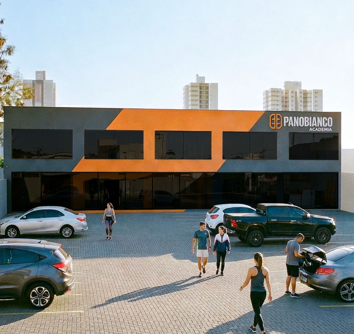 Render da fachada da Panobianco Academia, com estacionamento à frente