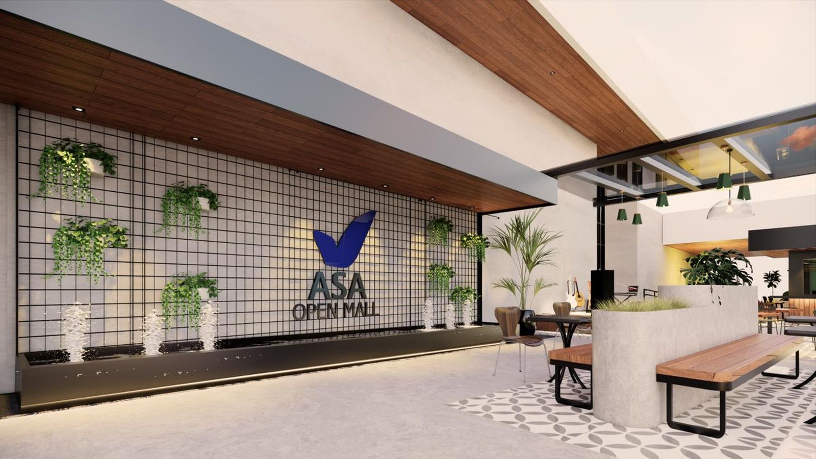 Praça de convivência do ASA Open Mall, com jardim vertical, marca ASA na parede, bancos e mesas sob o forro de madeira